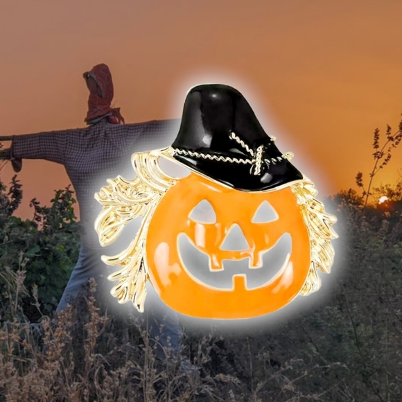 Gold plated Orange and black crystal Jack o lantern witch necklace/brooch - Picture 3 of 12